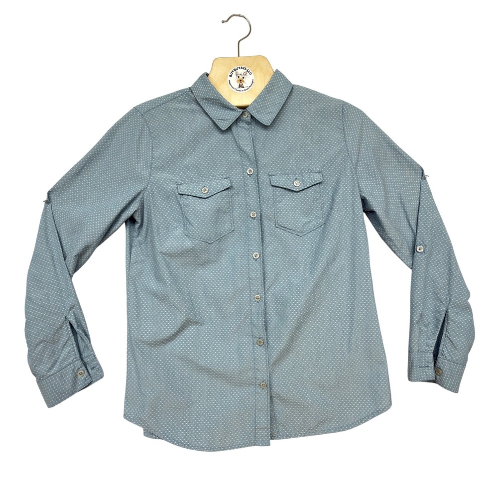 Eddie Bauer Women's Medium Blue Micro Print Button Front Shirt Long Sleeve